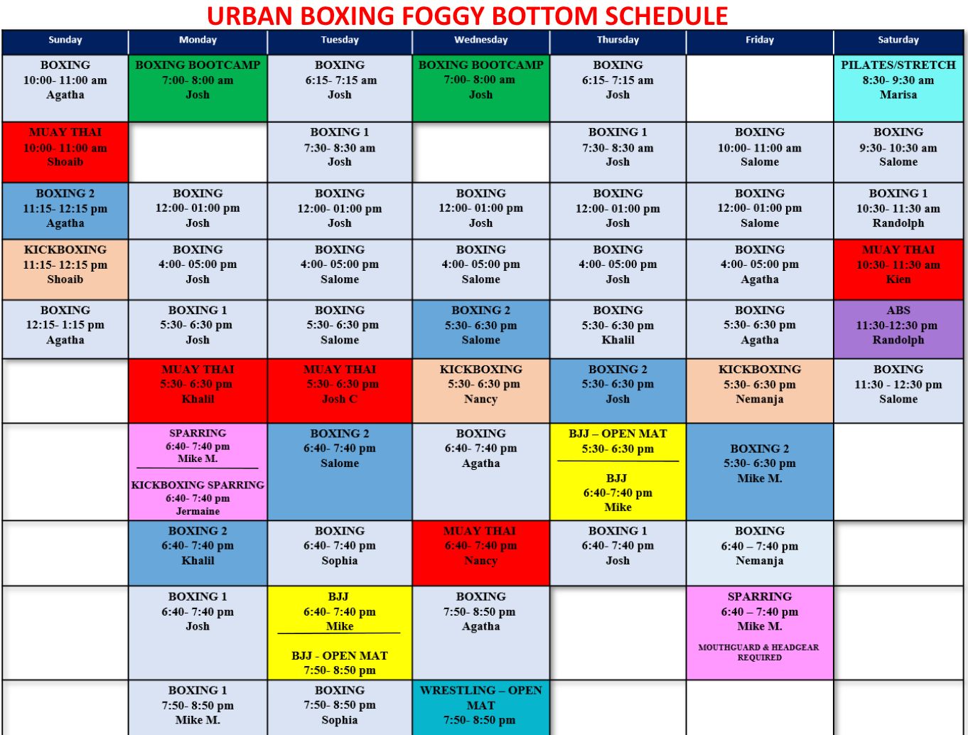 Weekly class schedule — Urban Boxing Foggy Bottom